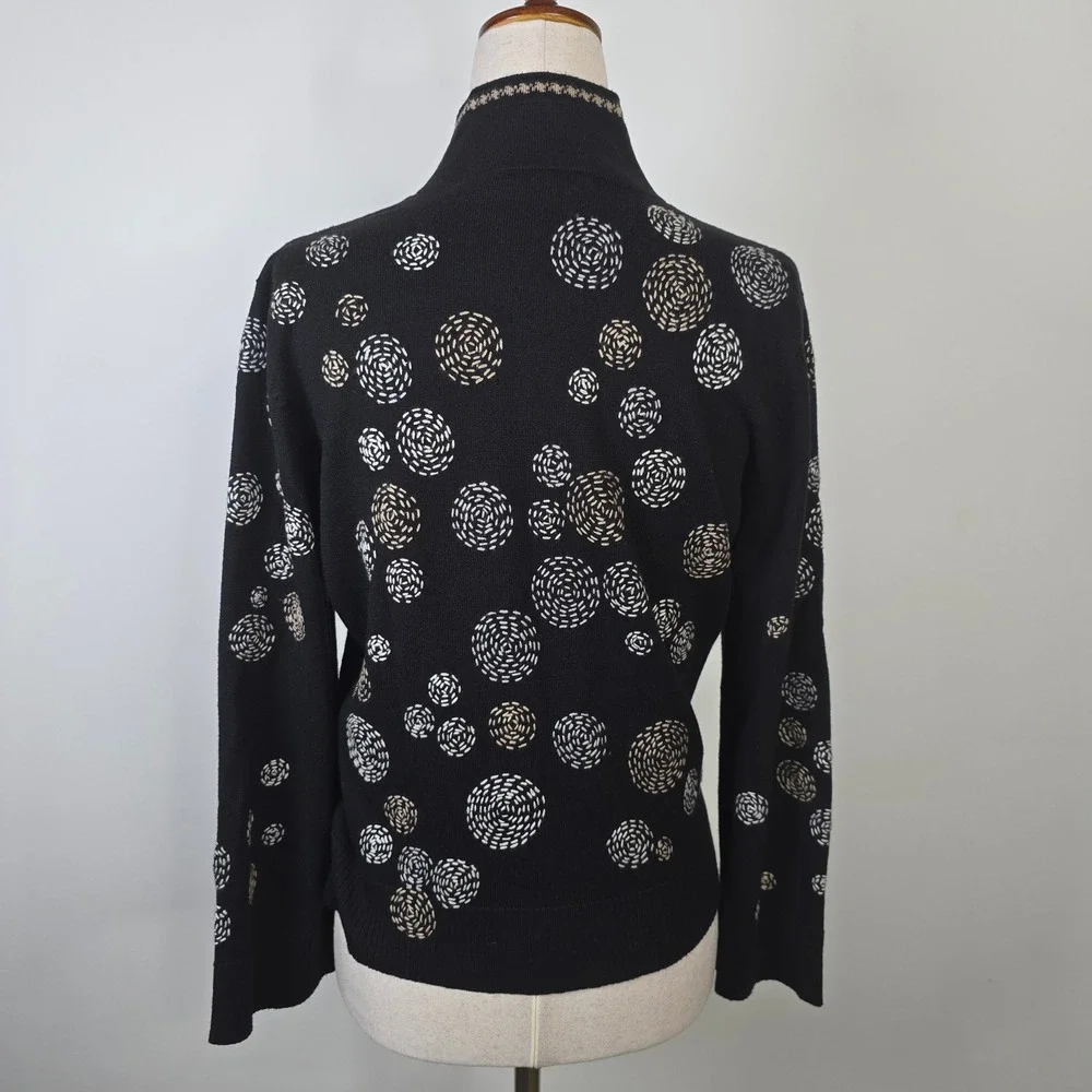 Nic + Zoe Black Swirl Circle Knit Mock Neck Cardigan Sweater Womens Medium